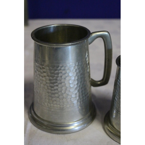 9 - Large and Small Hammered Pewter English Vintage Tankards