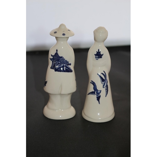 38 - Pair of Rare  Ceramic Stoke on Trent Regina Salt & Pepper Shaker Pots - Oriental Figures with Blue a... 