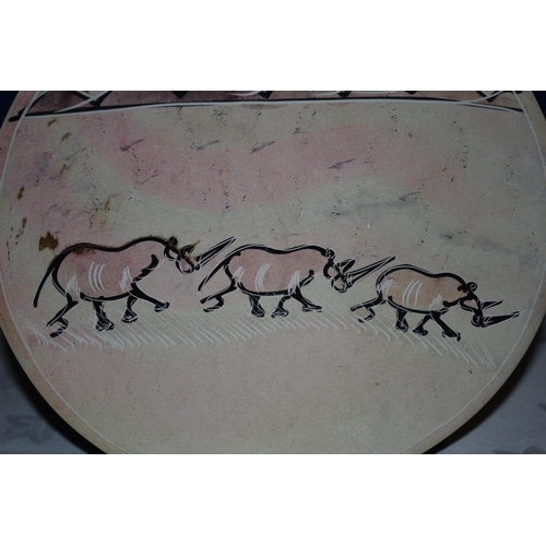 44 - African Heavy Stone Plate with Wild Rhino Scene Hand Painted