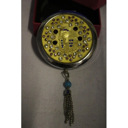 48 - Boxed Multi Stoned Double Mirror Compact with Egyptian Figure on Lid and Tassel