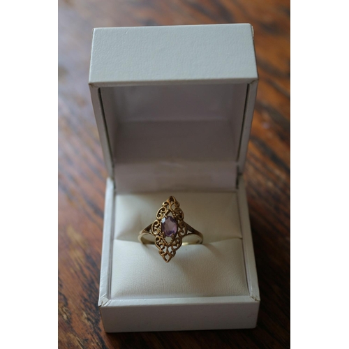 57 - Beautiful 9ct Yellow Gold Filigree Design ring with Nice Sized Amethyst Solitaire Stone -  Size 'Q'