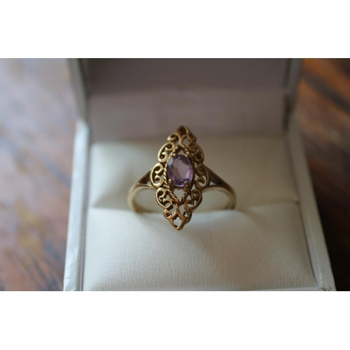 57 - Beautiful 9ct Yellow Gold Filigree Design ring with Nice Sized Amethyst Solitaire Stone -  Size 'Q'