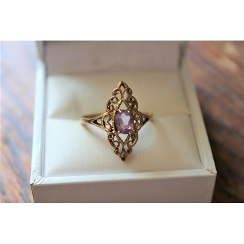 57 - Beautiful 9ct Yellow Gold Filigree Design ring with Nice Sized Amethyst Solitaire Stone -  Size 'Q'