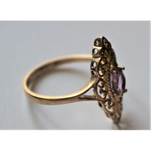 57 - Beautiful 9ct Yellow Gold Filigree Design ring with Nice Sized Amethyst Solitaire Stone -  Size 'Q'