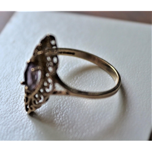 57 - Beautiful 9ct Yellow Gold Filigree Design ring with Nice Sized Amethyst Solitaire Stone -  Size 'Q'