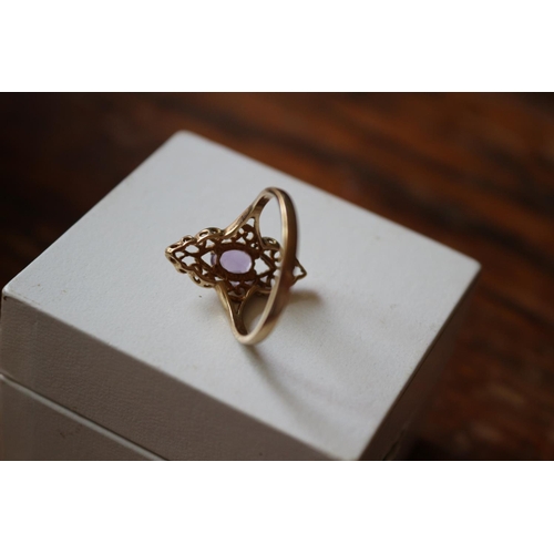 57 - Beautiful 9ct Yellow Gold Filigree Design ring with Nice Sized Amethyst Solitaire Stone -  Size 'Q'