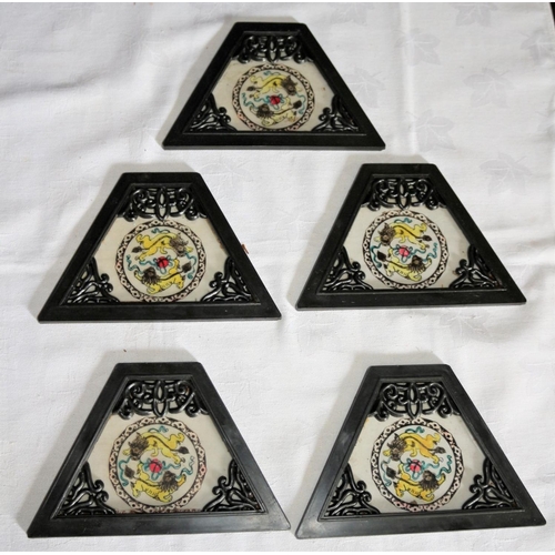 63 - Set of 5 Vintage Hand Painted Glass  Oriental Triangular Shaped Plaques