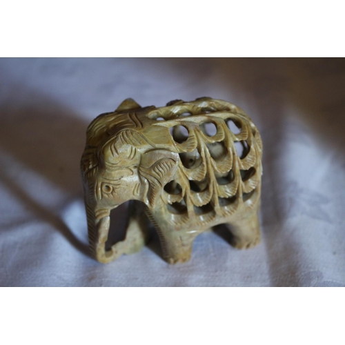 66 - Highly Ornately Carved Vintage Stone Elephant with Baby Elephant Inside