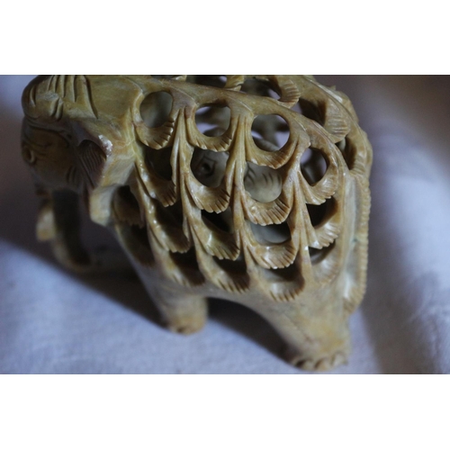 66 - Highly Ornately Carved Vintage Stone Elephant with Baby Elephant Inside