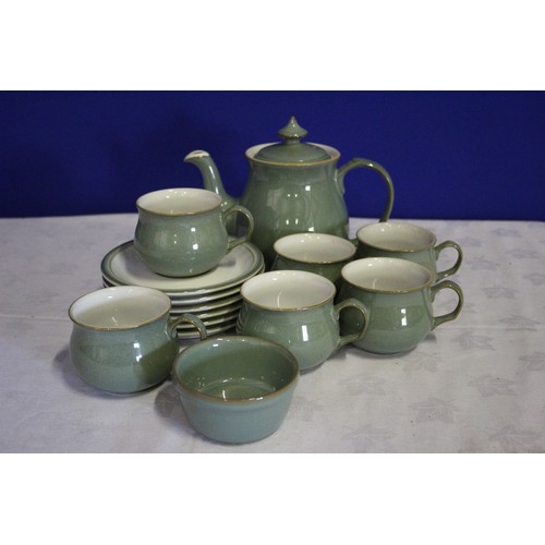 83 - Nice Set of Denby Coffee / Tea Set in Green - 6 Cups, 6 Saucers, Sugar Bowl and Tea / Coffee Pot