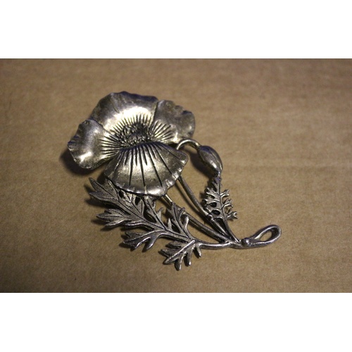 96 - Ornate Vintage Poppy Brooch by MASJ. Silver Coated Pewter