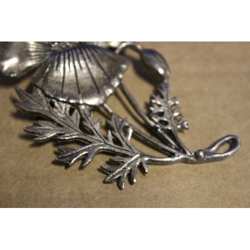 96 - Ornate Vintage Poppy Brooch by MASJ. Silver Coated Pewter