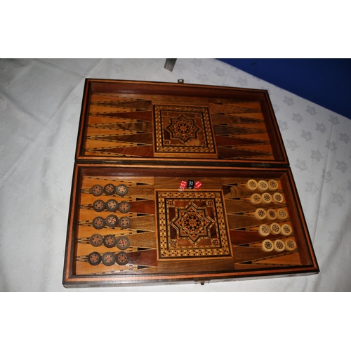 109 - Macro Mosaic Folding Wooden Games Box with Chess/Draughts on the Outside and Backgammon on the Insid... 