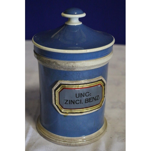 122 - Victorian  Apothecary Creamware Jar in Blue and White with Label