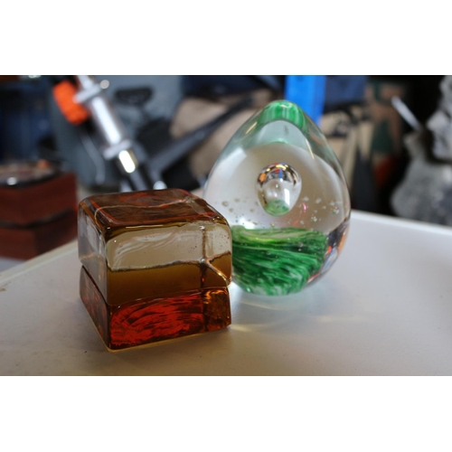 144 - Glass Bubble Paperweight plus Cube Glass Paperweight