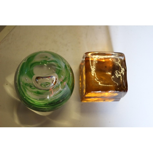 144 - Glass Bubble Paperweight plus Cube Glass Paperweight