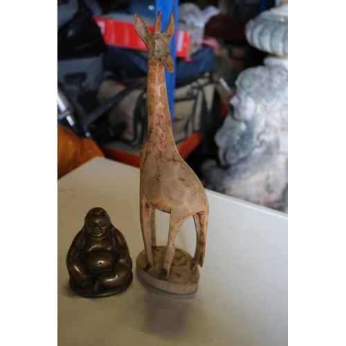 155 - Small Brass Buddha and Wooden Giraffe