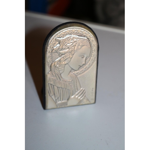 160 - Small Silver Plaque Stand with Religious Figure - Stamped on the Front