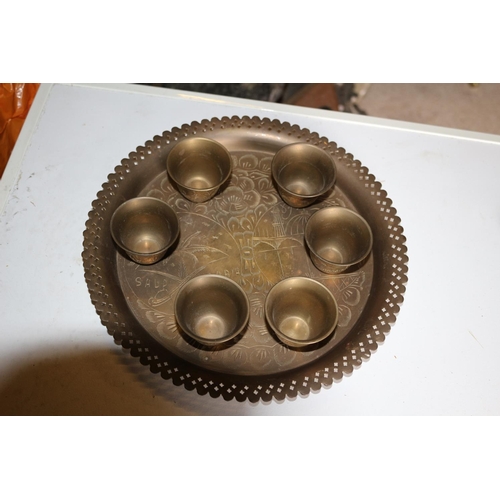 172 - Saudi Arabian Brass Engraved Tray and 6 Small Cups