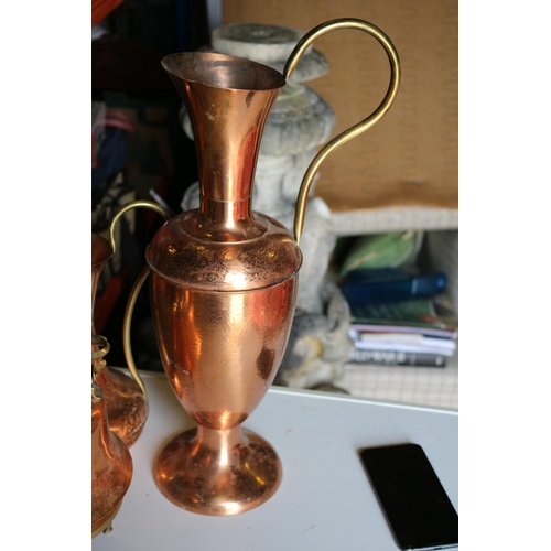 179 - Collection of Copper Items, 2 x Tall Jugs and a Teapot on Brass Stand