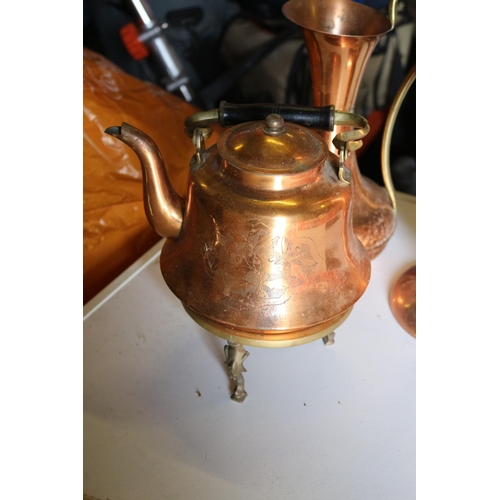 179 - Collection of Copper Items, 2 x Tall Jugs and a Teapot on Brass Stand