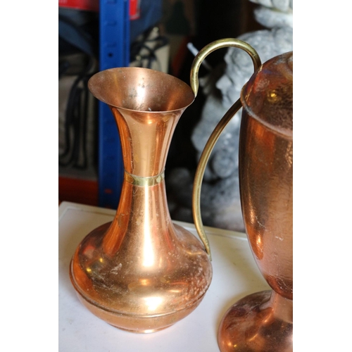 179 - Collection of Copper Items, 2 x Tall Jugs and a Teapot on Brass Stand