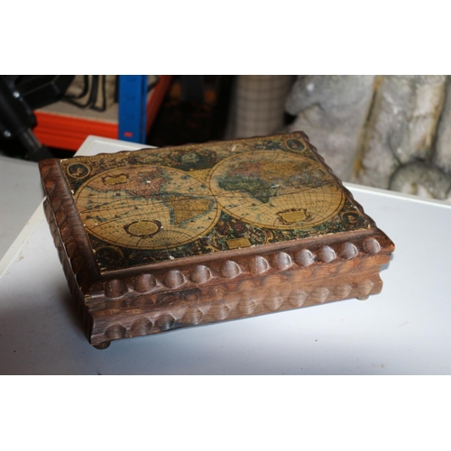 183 - Vintage Wooden Box with Antique Copy of World Map