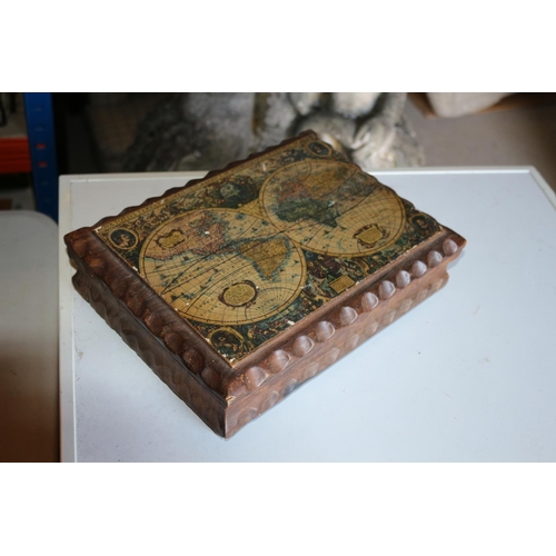 183 - Vintage Wooden Box with Antique Copy of World Map