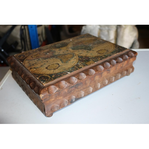 183 - Vintage Wooden Box with Antique Copy of World Map