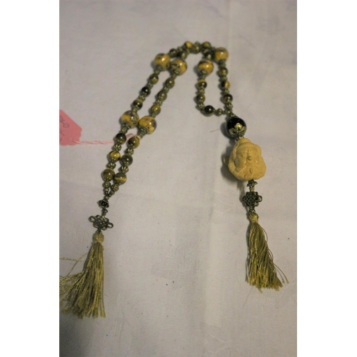 668 - Tigers Eye Long Necklace with Chinese Figures Head made from Wood