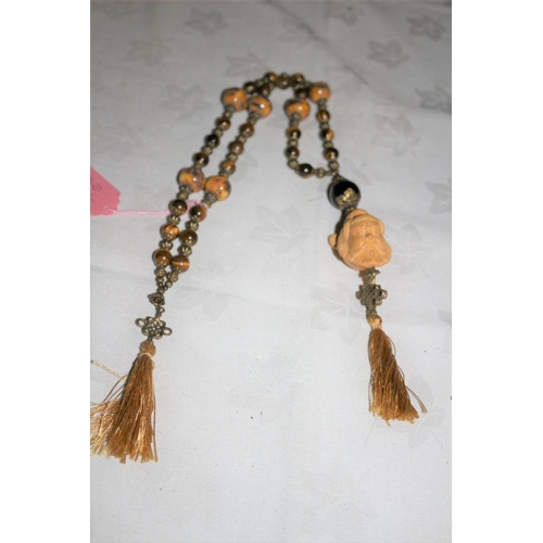 668 - Tigers Eye Long Necklace with Chinese Figures Head made from Wood