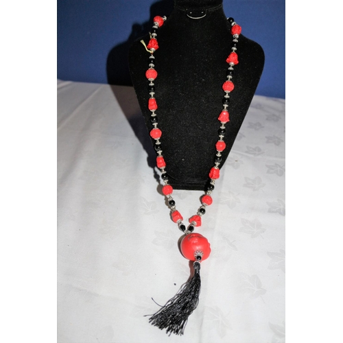 669 - Red Faux Coral Buddha Head and Beads - Faux Cinnabar Black Agate Beads