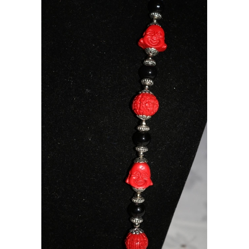 669 - Red Faux Coral Buddha Head and Beads - Faux Cinnabar Black Agate Beads