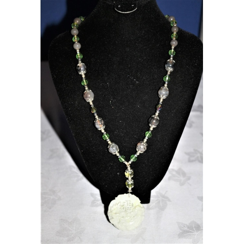 672 - White Jade Pendant of Dragon, Black DragonVein Beads, Green Crystal Gems - Tibetan Silver