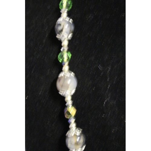 672 - White Jade Pendant of Dragon, Black DragonVein Beads, Green Crystal Gems - Tibetan Silver