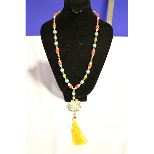 675 - Flower Pendant Necklace with Beaded Chain and Tassel