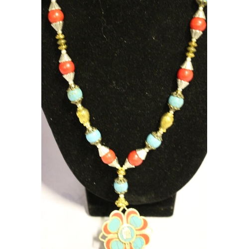 675 - Flower Pendant Necklace with Beaded Chain and Tassel