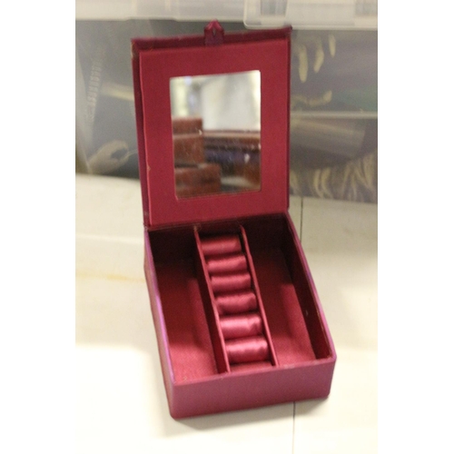 680 - Vintage Cushioned Jewellery Box with Flower on the Lid - Ring Holders and Mirror that Locks into Pla... 