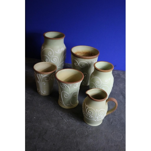 101 - Collection of Denby Vases in Pale Green with White Swirl Pattern plus Matching Jug