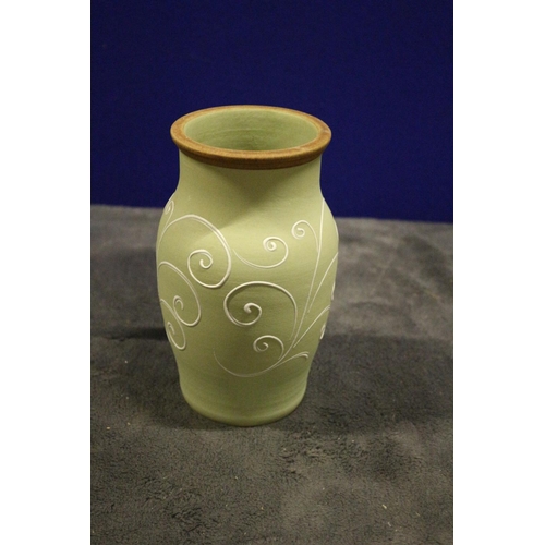 101 - Collection of Denby Vases in Pale Green with White Swirl Pattern plus Matching Jug