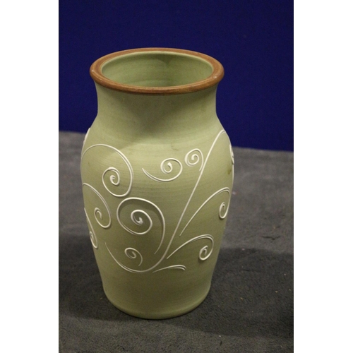 101 - Collection of Denby Vases in Pale Green with White Swirl Pattern plus Matching Jug