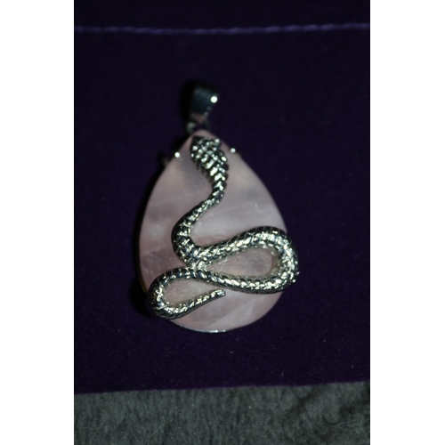 115 - Rose Quartx Pendant with White Metal Snake