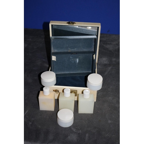 13 - Vintage Poly-Tainer Shipton Mirrored Carry Case with Various Plastic Bottles and Cream Containers