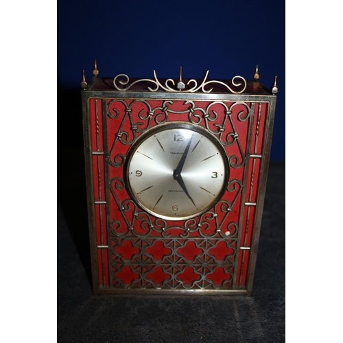 37 - 3 x Clocks - Two Travel and One Unusual Metal Tempora Clock with Ornate Design Work