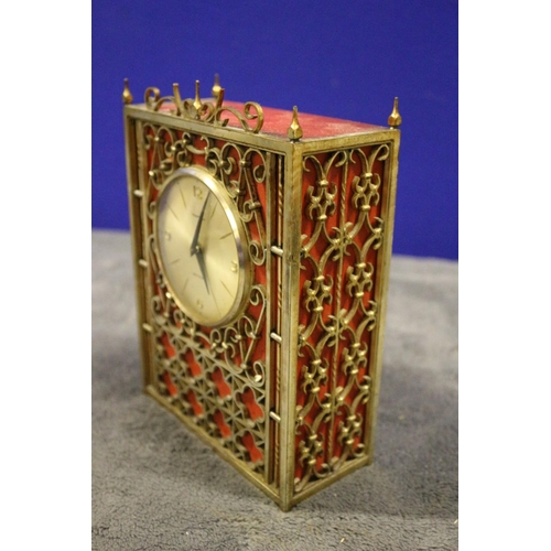 37 - 3 x Clocks - Two Travel and One Unusual Metal Tempora Clock with Ornate Design Work