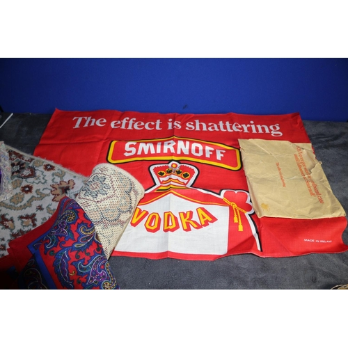 54 - Carpet Runner, Scarf, Smirnoff Tea towel plus other items