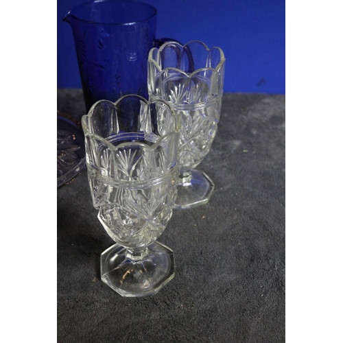 94 - Deep Blue Glass Pitcher, 2 x Sundae Dishes and a Cake Stand