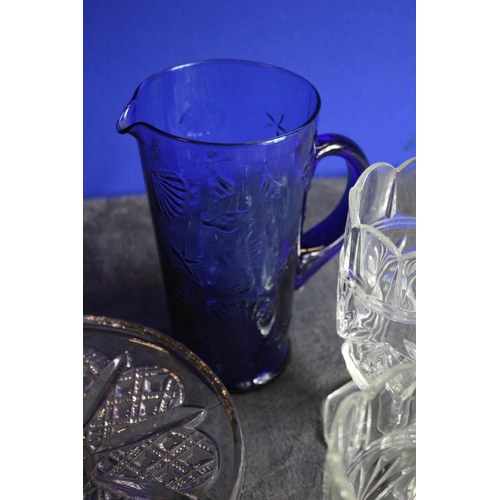 94 - Deep Blue Glass Pitcher, 2 x Sundae Dishes and a Cake Stand