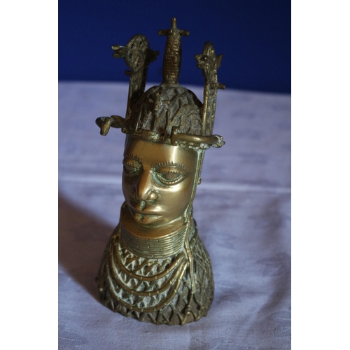 117 - Heavy Bronze Reproduction Benin Statue Depicting African Tribal Woman with Ceremonial Headdress and ... 