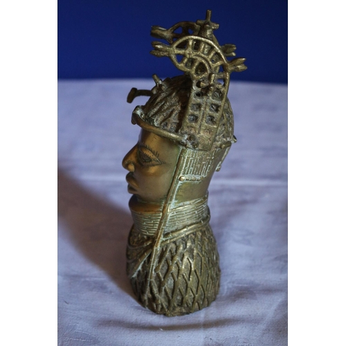 117 - Heavy Bronze Reproduction Benin Statue Depicting African Tribal Woman with Ceremonial Headdress and ... 